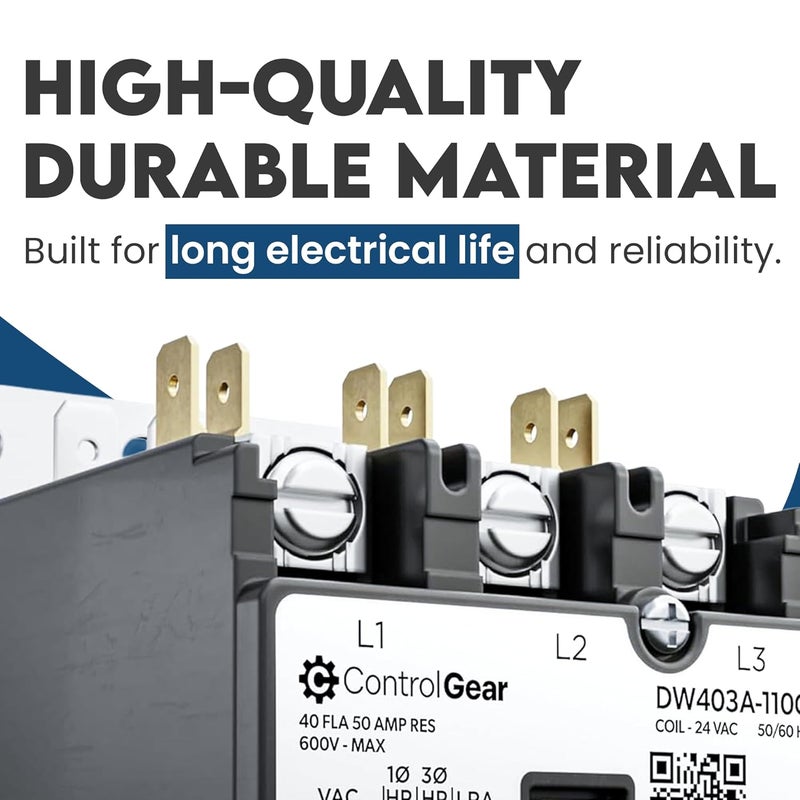 ControlGear 3 Pole Definite Purpose Contactor 24V Coil, 40 Amp Definite Purpose, UL Recognized and Approved for use with A2L Refrigerants, Line Lugs, Load Screws, DW403A-11 (3P 40A 24V Coil) - Image 5